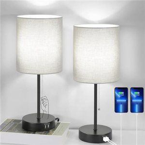 Table Lamps Set of 2 with USB Charging Ports, Grey Bedside Lamps with AC Outlet